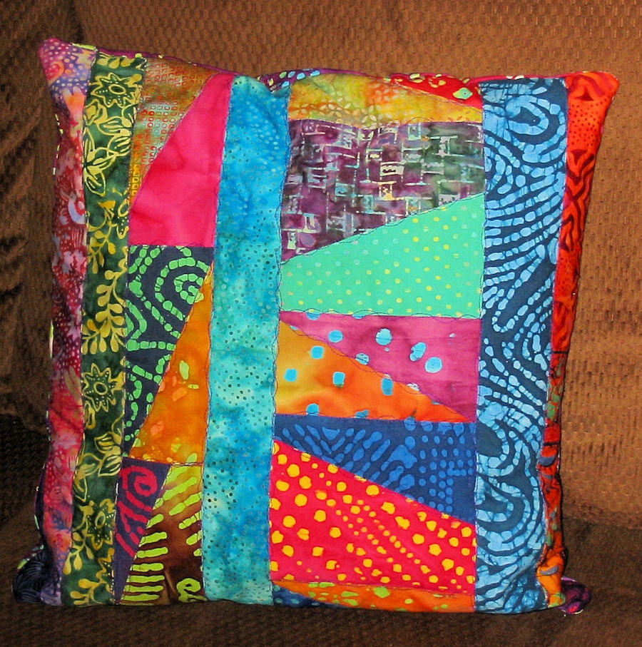 Crazy Quilted All Batik Pillow Cover Multi Color 16 inch