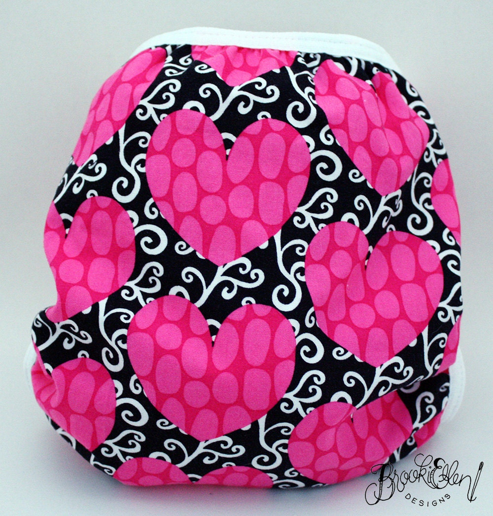 diaper cover Hot Pink and Black Swirly Hearts Ready to Ship Size Large