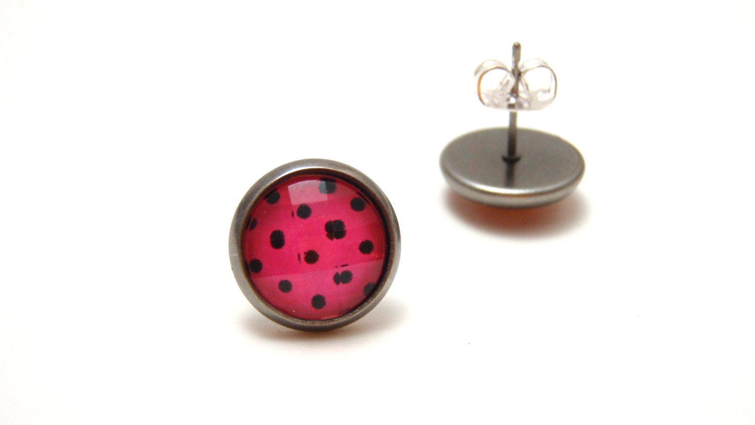 POLKA DOT Studs - Hot pink and black polka dot faceted rhinestone on gunmetal post earrings modern retro scene