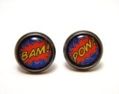 BAM POW Studs - Comic book expression word earrings on SMALL 10mm circular gunmetal posts - Geek Chic Geekery Comic Nerd Superhero