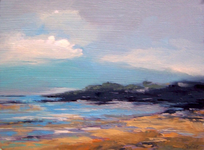 oil painting landscape original oil, 100% charity donation, "BLACK ROCK INLET" original painting  6"x8" canvas panel, sky, clouds, ocean