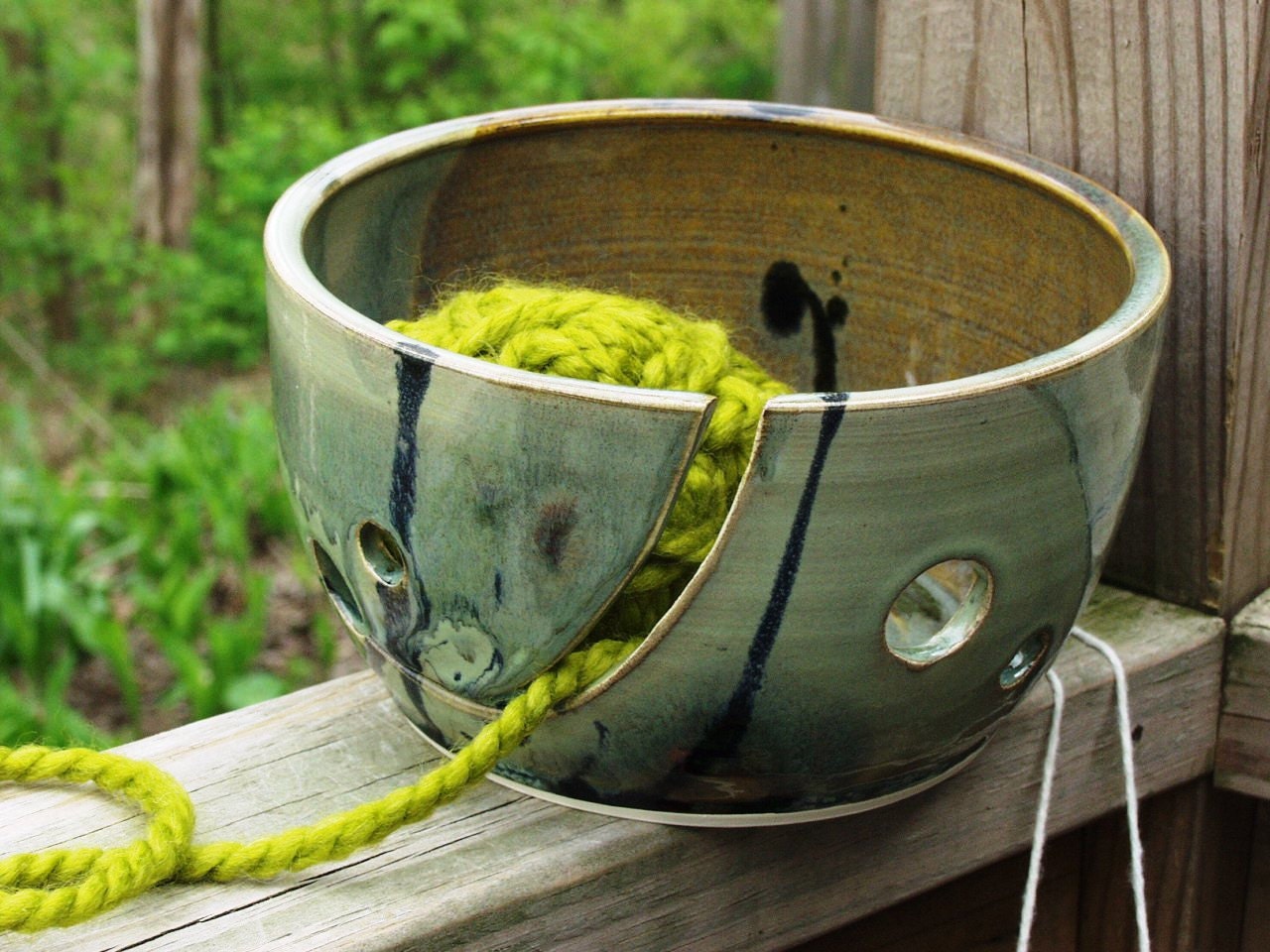 Yarn Bowl Knitting Crocheting Dish Knitting Bowl Circle Cut Outs Mossy Brown