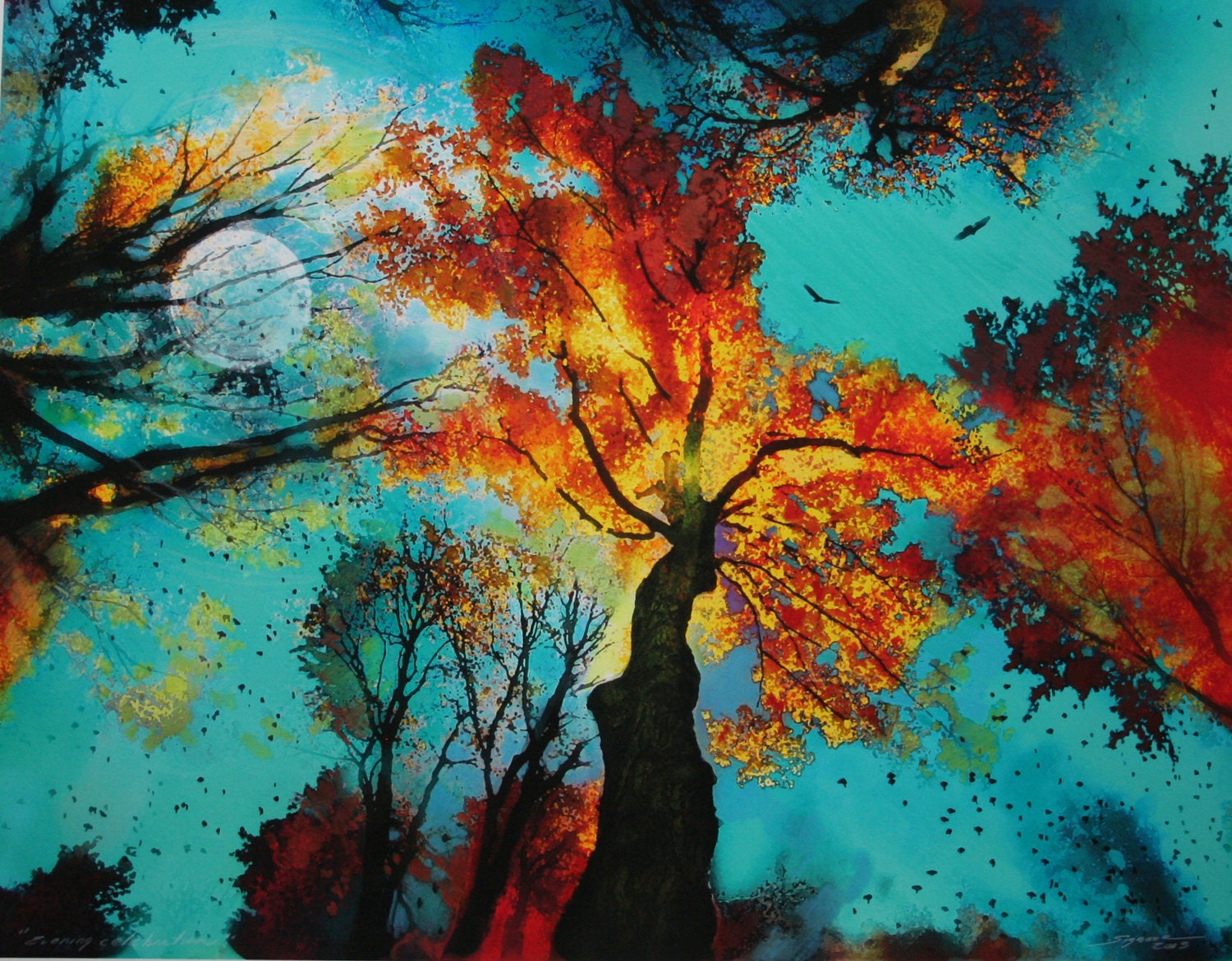 Evening celebration, 11x14 Fine Art photograph with mixed media, Original, turquoise decor, home decor, autumn, landscape, moon