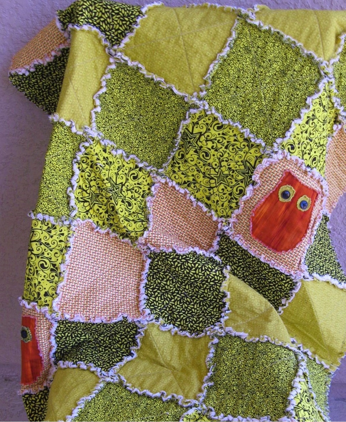 Family Rag Quilt - black, red. yellow, gold - OWLS