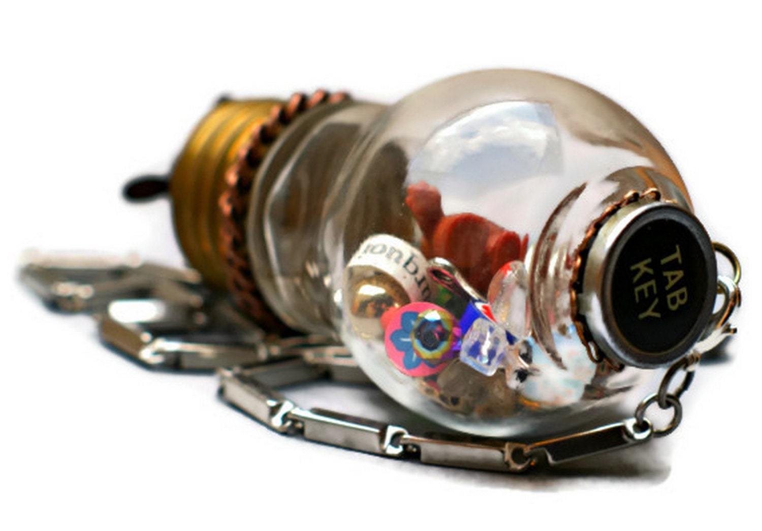 Vintage Typewriter Key - Light Bulb Bottle Necklace - Kewpie Doll - Zeppelin Bead Keeper - Flying Bottle of Tiny Things