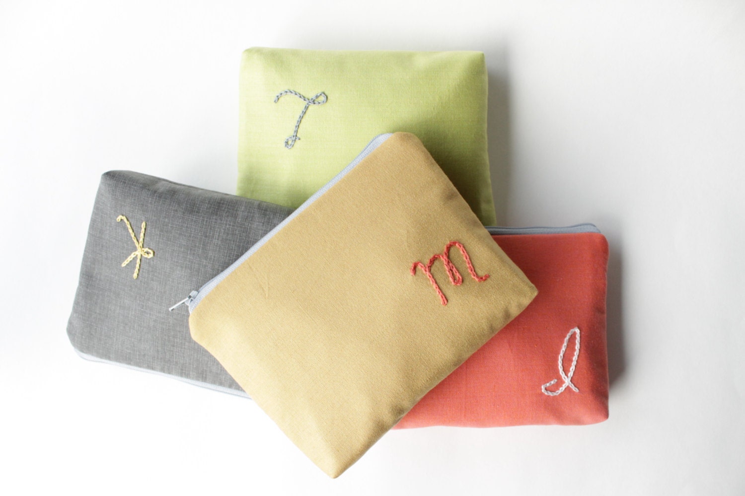 Personalized Bridesmaid Gift, Monogrammed Cosmetic Bag Set of 4, Make Up Bag, Gold, Coral, Grey