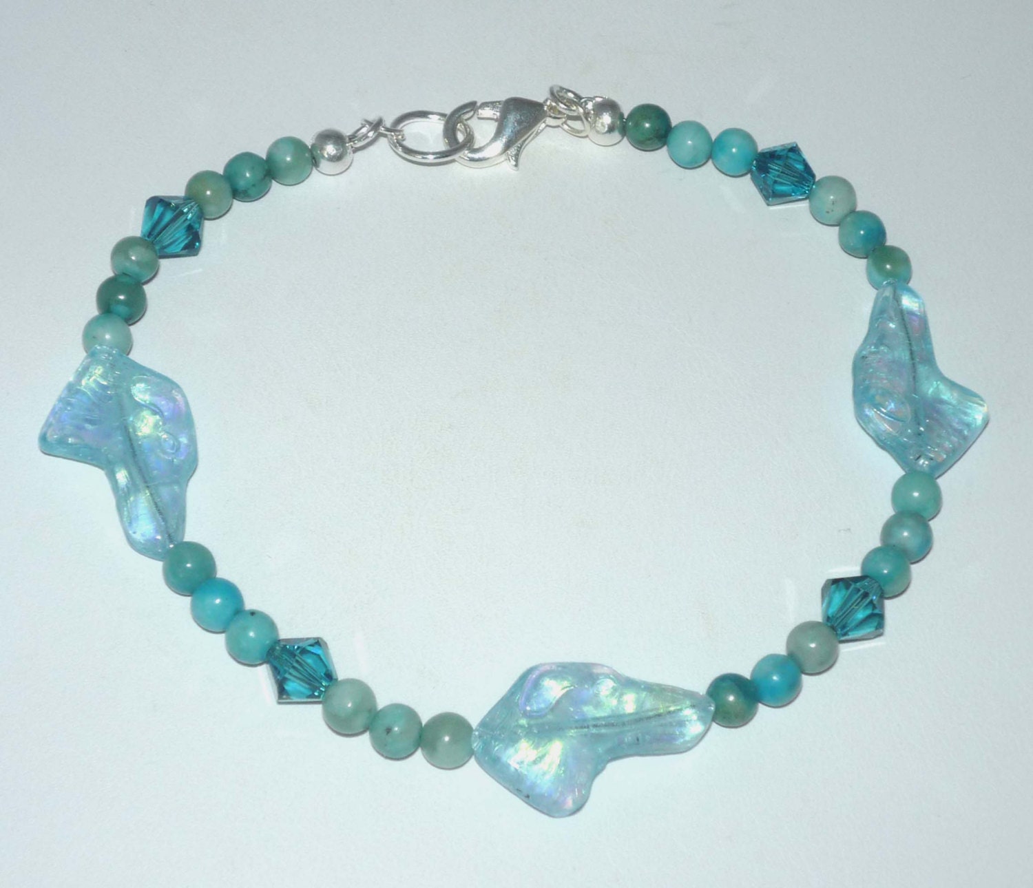 Designer Beaded Bracelet w Czech Glass Greyhound Head Beads, Jasper, Swarovski