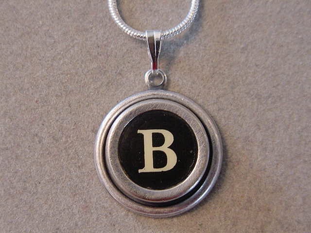 Typewriter key Jewelry Necklace BLACK  LETTER  B - Typewriter Key Necklace - Initial B serif font Initial Necklace B