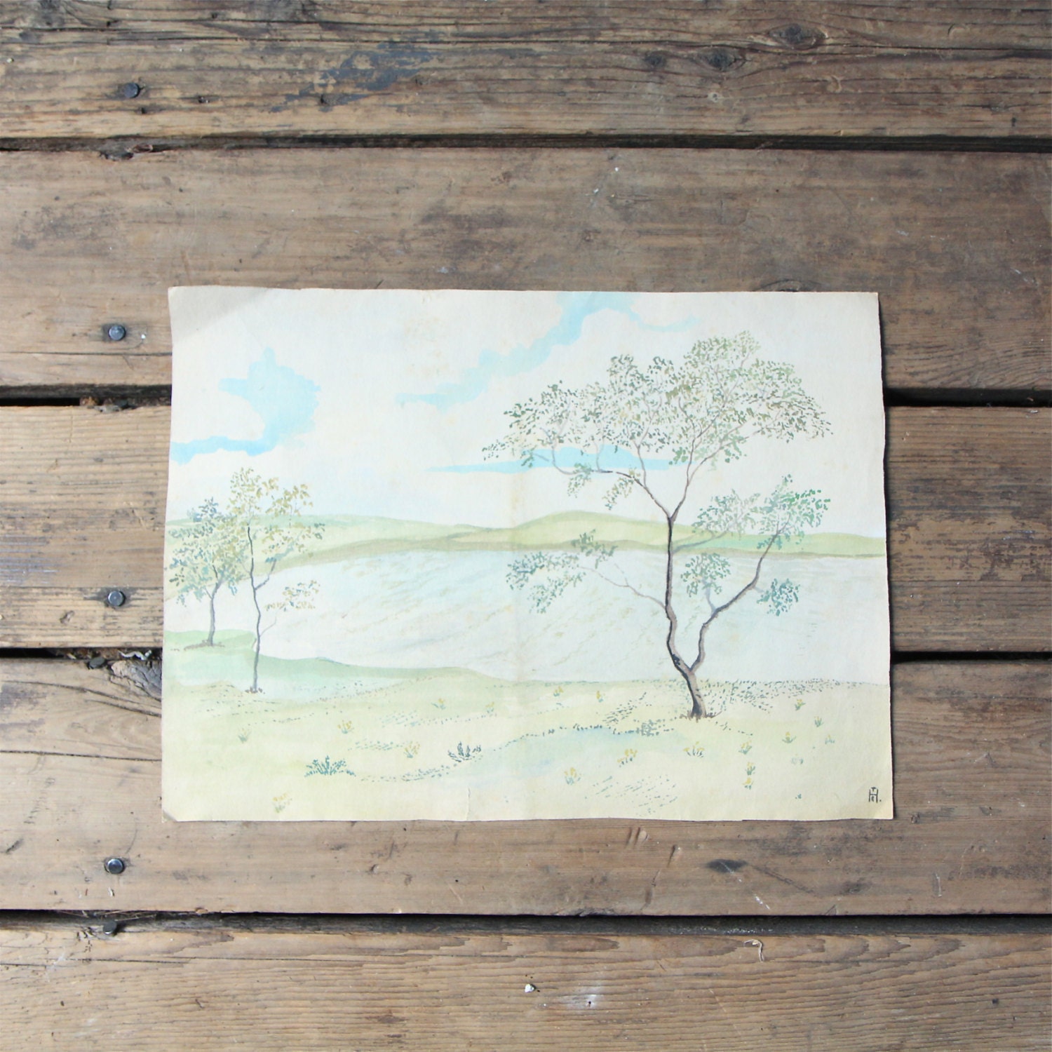 Vintage Landscape Watercolor Painting / Original Art, Field, Daffodils, Lake, Tree, Spring,