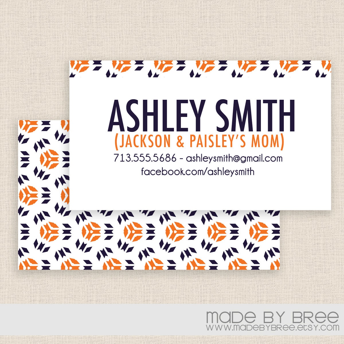 Mommy Calling Card / Business Card Template - Double Sided - Modern Navy Blue and Orange Pattern