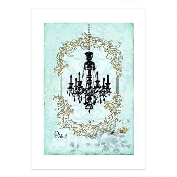 Chandelier, Art Print, Giclee, Silhouette, Blue Damask, Paris, French, Gold Frame, Collage, Shabby Chic Style