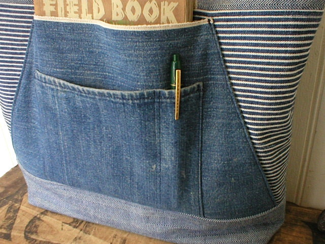 Indigo stripedenim bag, selvedge denim zipper top - eco vintage fabrics