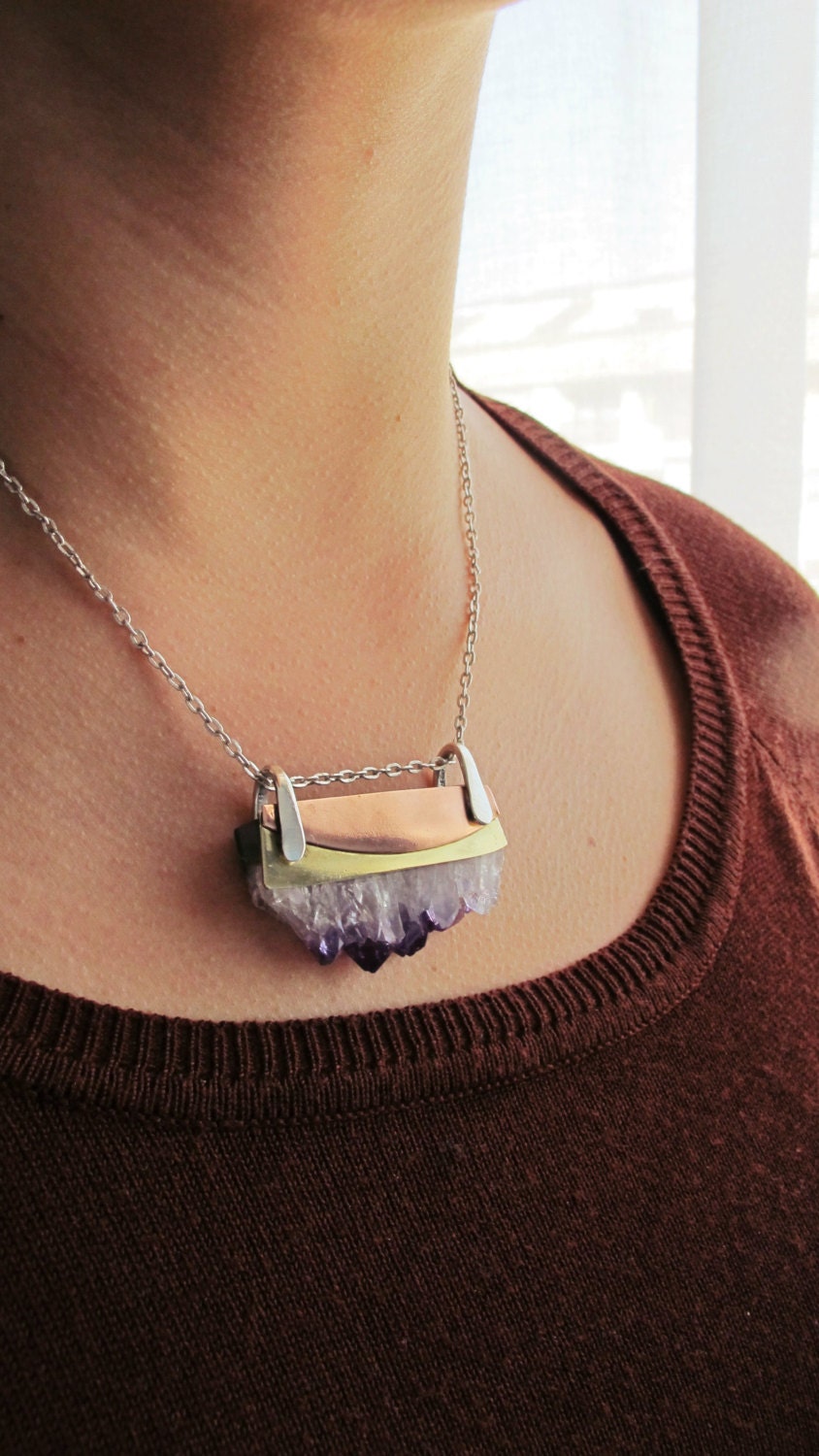 Mixed metals- Amethyst, sterling silver.bronze and copper necklace.