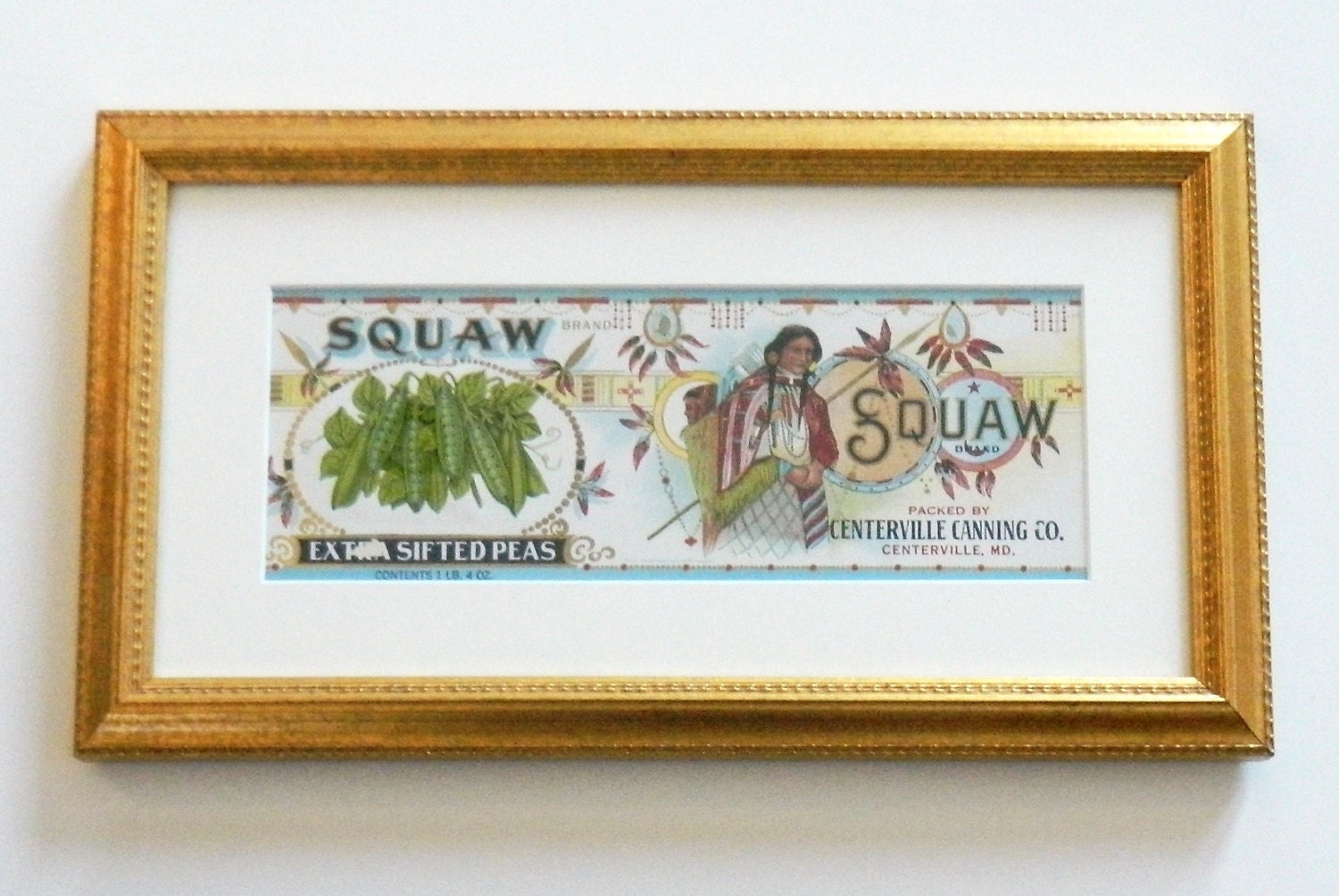 ORIGINAL Vintage SQUAW Brand Canned Fruit Label - Peas - Framed