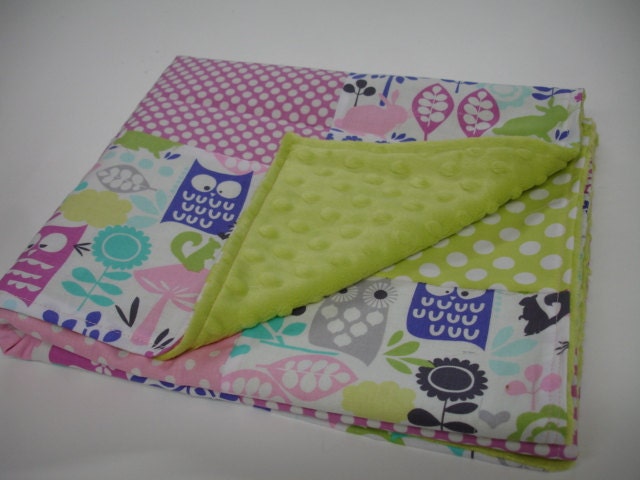 Forest Life in Orchid with Apple  Minky Summer Baby Blanket 25 x 32 READY TO SHIP On Sale