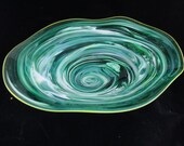 Swirled Emerald Green Hand Blown Glass Bowl or Wall Platter Home Decoration or Art Wall Hanging
