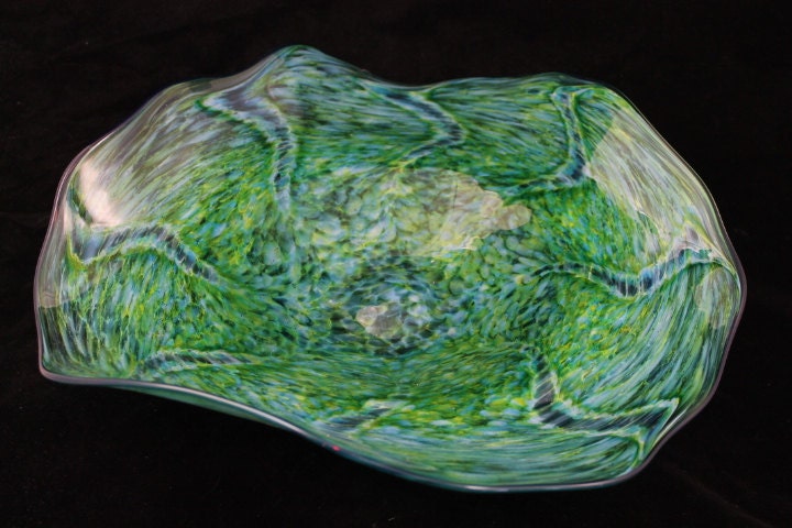 Swirled Emerald Green Hand Blown Glass Bowl or Wall Platter Home Decoration or Art Wall Hanging