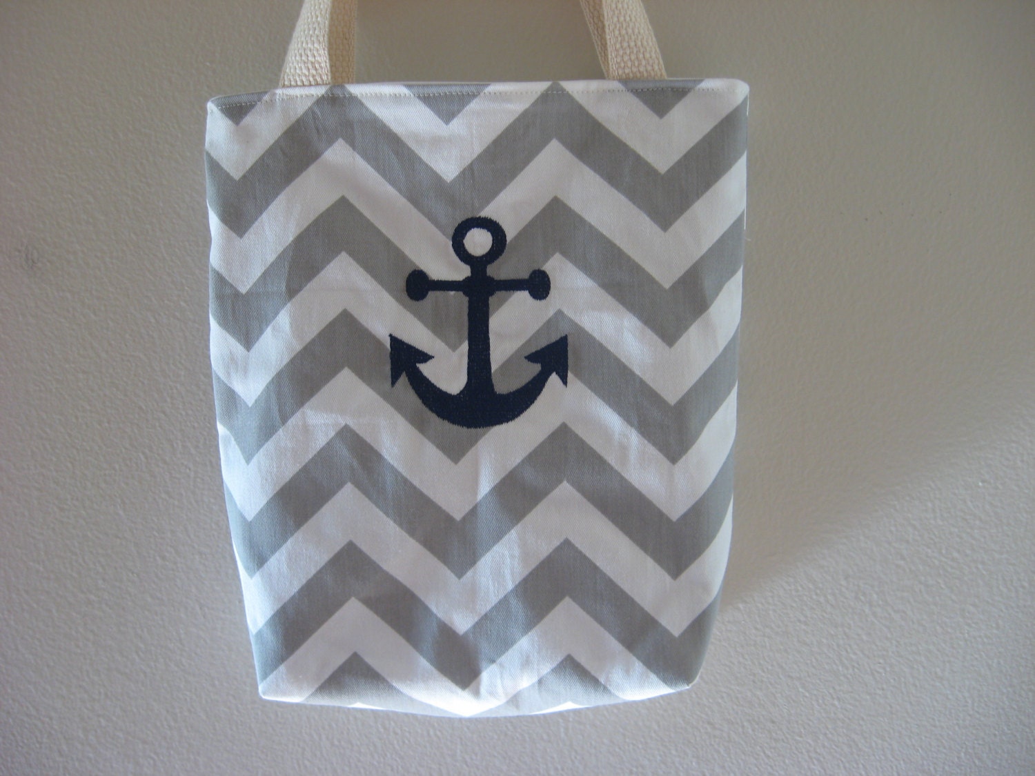 lunch bag, Mini Tote, Chevron lunch bag, Gray, with Anchor, READY TO SHIP