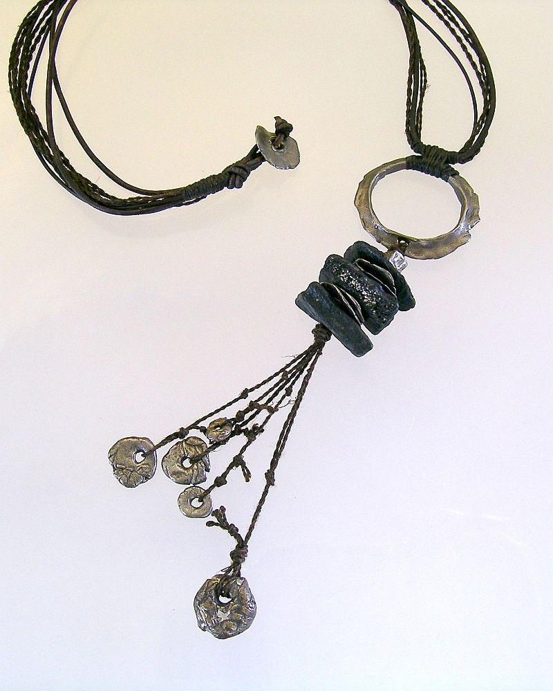 Urban Primitive Steel and Fossil Totem OOAK Pendant: Steel and Fossilized Bone