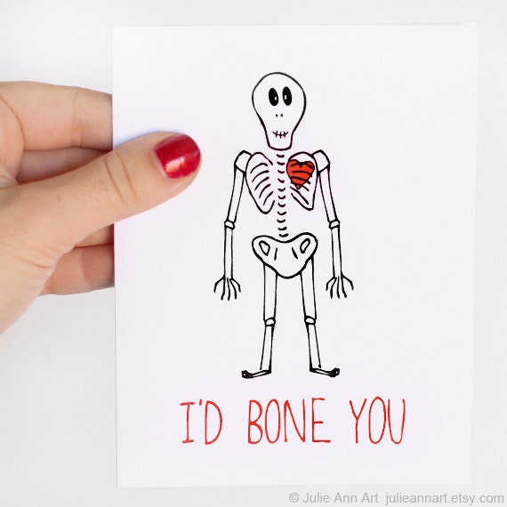 Funny Anniversary Card. Sexy Anniversary Card. I'd Bone You. Red Heart, Black on White Folded Card.
