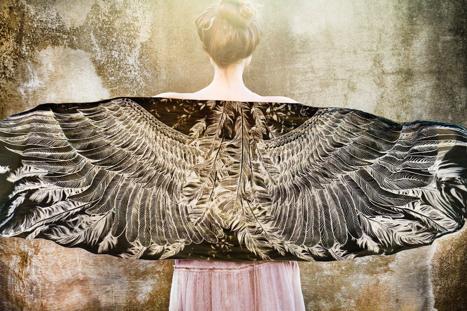 Women scarf, Hand painted Wings on black cotton voile, stunning unique and useful, perfect gift