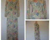 70s floral maxi gown, gathered stretch waist, muted green Asian floral print, drawstring neckline silky nylon maxi gown.