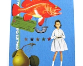 Collage Art Print // Vintage Ephemera Fish Girl // Bright Home Decor