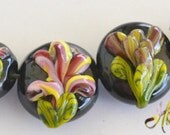 Happy Glass Bead Set Pink Red Yellow on Black Lampwork Lentils