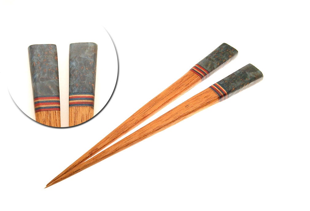 Handmade Wood Hair Stick Set Mahogany Wood with Blue Box Elder Burl Wood