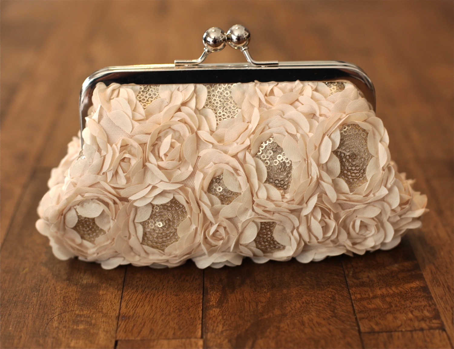 Rosette Cream Chiffon Sequin Clutch