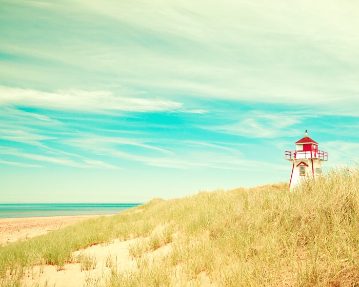 Lighthouse photo, beach art, sea grass, sand dune, nautical decor, aquamarine, blue green, gold, red, atlantic coast, ocean