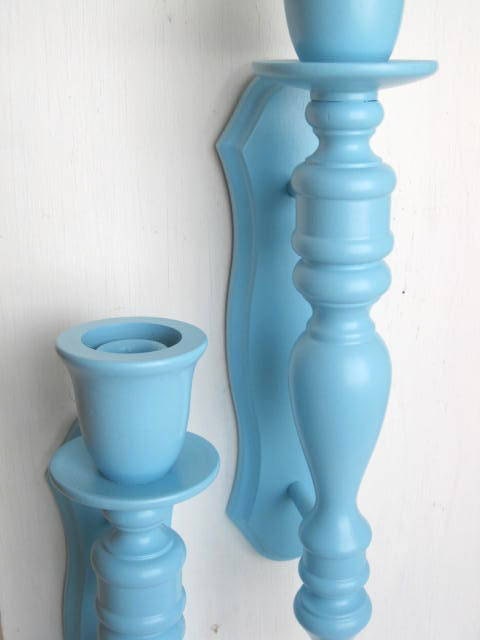 Pair of Wooden Aqua/Turquoise Wall Hanging Candle Sconces