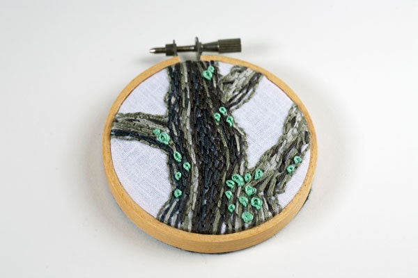 Woodland Tree Embroidery, Embroidered Tree, Lichen, Hoop Art, Wall Decor, Nature, Rustic, Grey, Mint Green, Slate Blue, White, 3 Inch