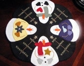 Hand Stitched 15" Snowmen and Feather Tree Winter/Christmas Candle Mat-Penny Rug.....OFG Team