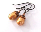 Golden Apricot Pearl Earrings Niobium Hooks and Antique Copper Art Nouveau