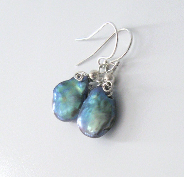 Teal Coin Pearl Sterling Wire Wrap Drop Earrings Aqua Blue Green, One of a Kind