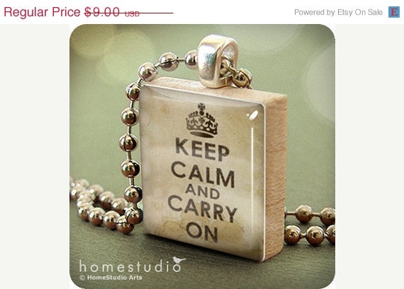 Moving Sale - Keep Calm Carry On (Antique) : a pendant charm made from a Scrabble Game Tile game piece