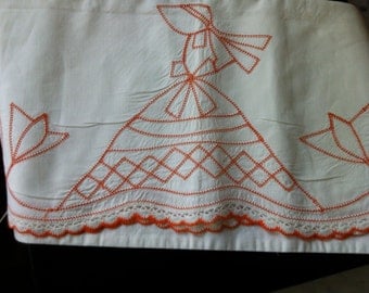 Vintage embroidered pillowcase - orange -girl in bonnet