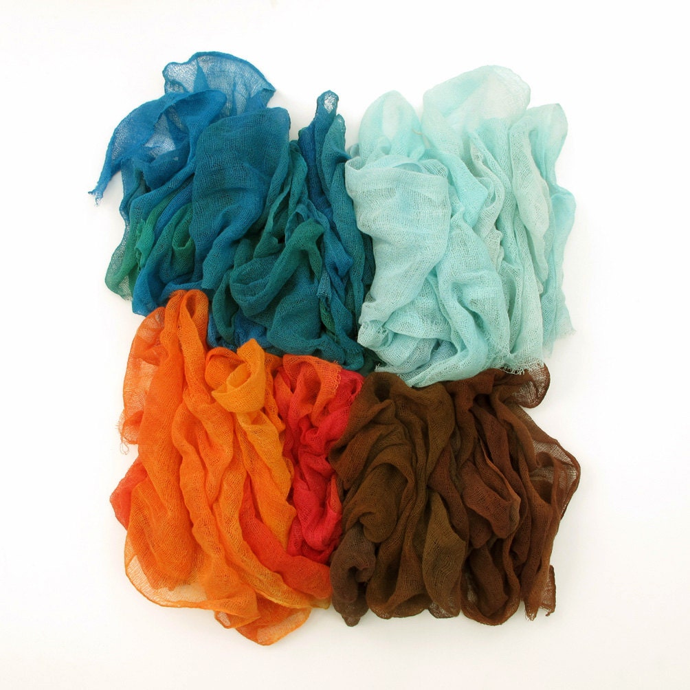 Hand dyed cotton gauze, scrim remnants - blue, teal, green, pale blue, orange, red, brown, water, air, fire, earth