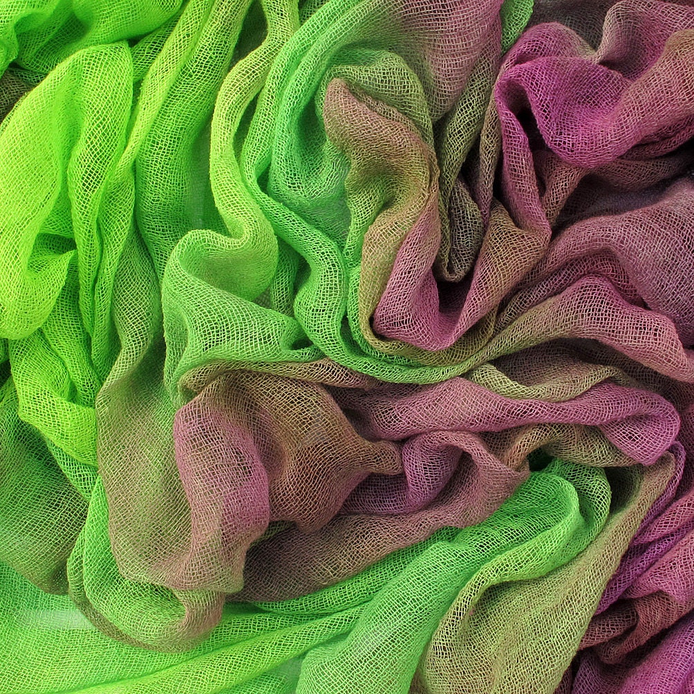 Hand dyed cotton scrim, cotton gauze - lime green, bright green, mauve, violet, light purple