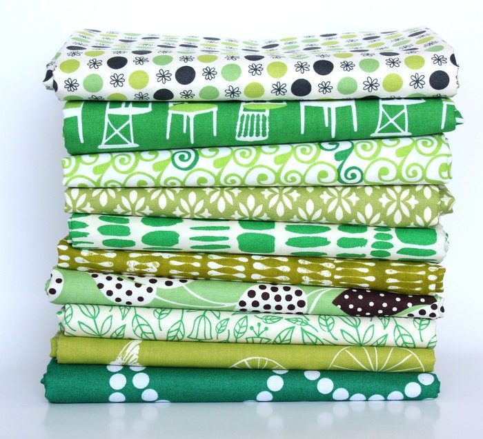 fat quarter color bundle (greens)--misc. designers--10 pieces--2-1/2 yards total
