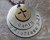 Personalized First Communion Baptism Confirmation Handstamped Silver and Brass Cross Necklace - Triple Tag