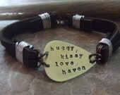 Personalized Handstamped Guitar Pick Leather Bracelet  for Fathers Men Dads - Mixed Metal