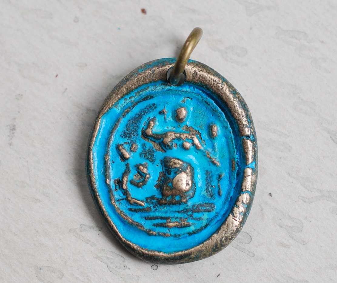 aqua mermaid wax seal pendant... wax seal jewelry in bronze with patina