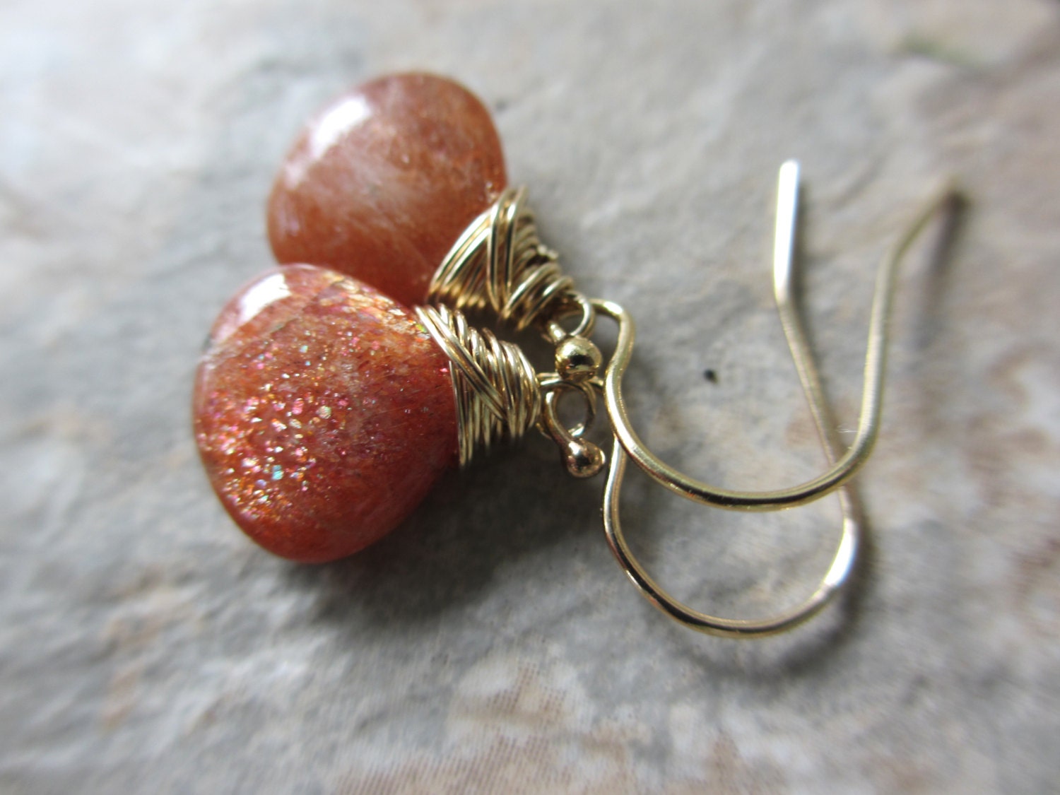 Sunstone Earrings, Gold, Pumpkin, Burnt Orange, Wire Wrapped, Irisjewelrydesign