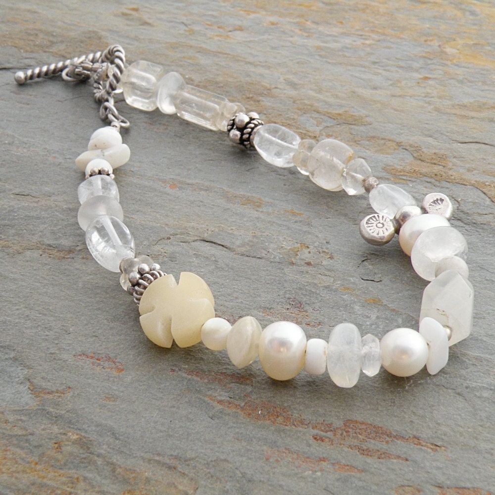 White Bracelet, Pearls, Quartz, Rainbow Moonstone, Sterling Silver,  Hill Tribe Silver