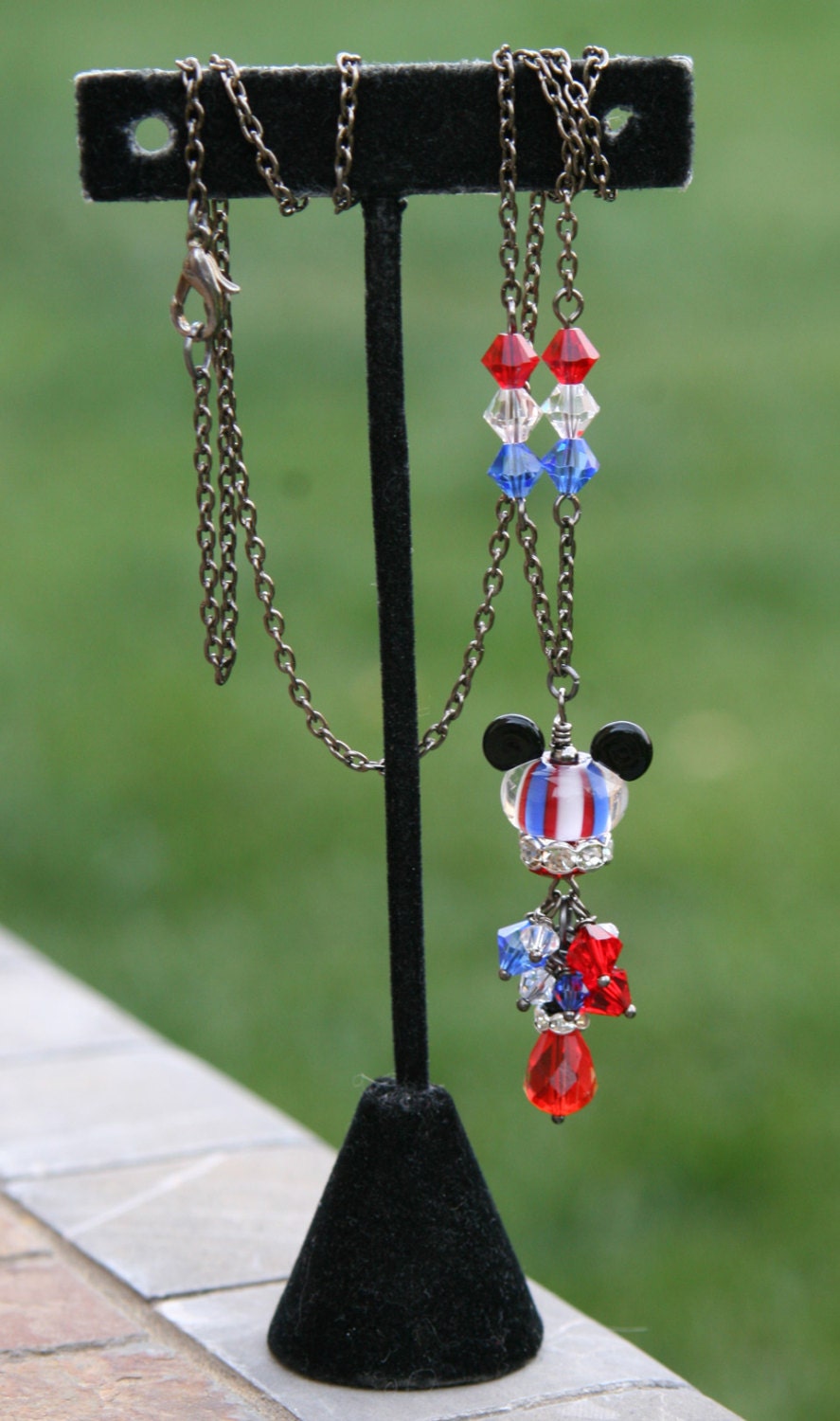 American USA Mickey and Minnie SRA Lampwork DeSIGNeR Patriotic Necklace Pendant Gunmetal Crystals Disney Magic Kingdom