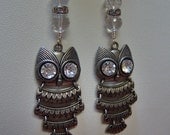 Owl "Hootie" Big Eyed Dangle Earrings with Clear Crystal Eyes in Silver/Gunmetal