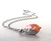 orange pendant necklace fire agate necklace with sterling chain and leaf charm