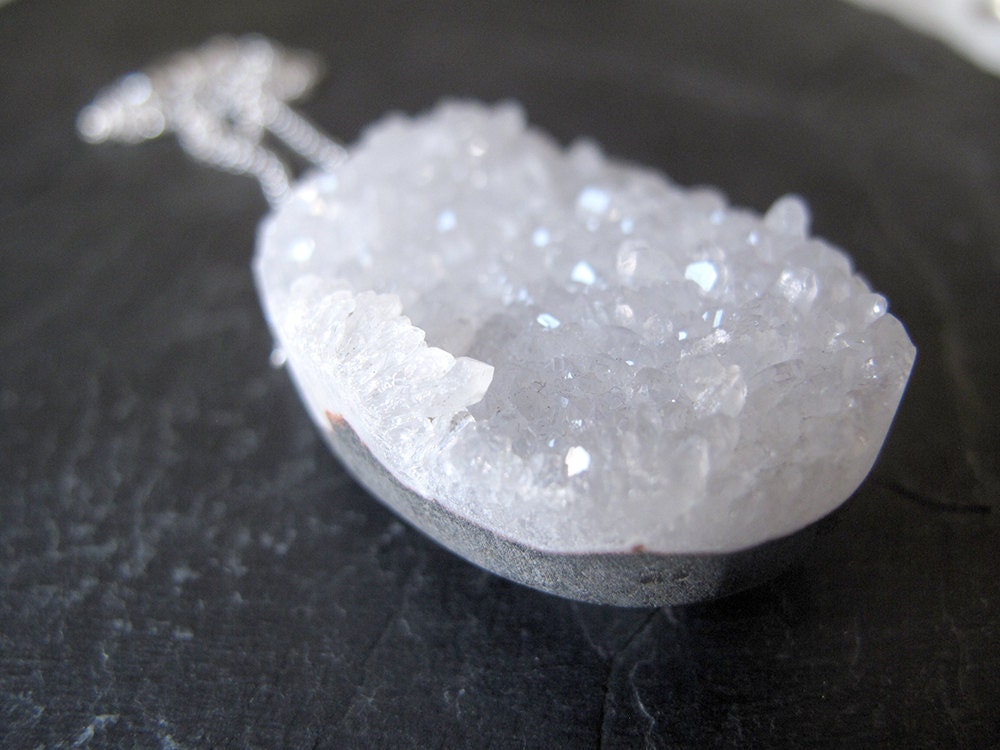 WHITE // Sterling silver pendant with natural drusy White Quartz crystal